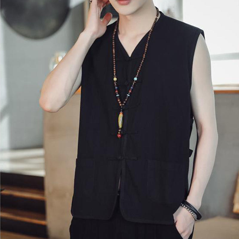 Gilet décontracté en coton avec poches et boutons de grenouille chinois pour homme, motif Buddha Stones