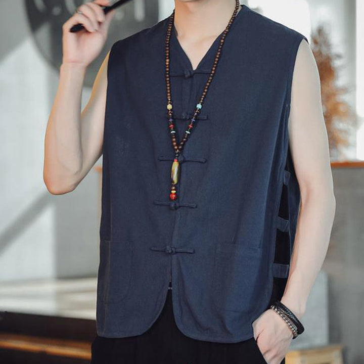 Gilet décontracté en coton avec poches et boutons de grenouille chinois pour homme, motif Buddha Stones