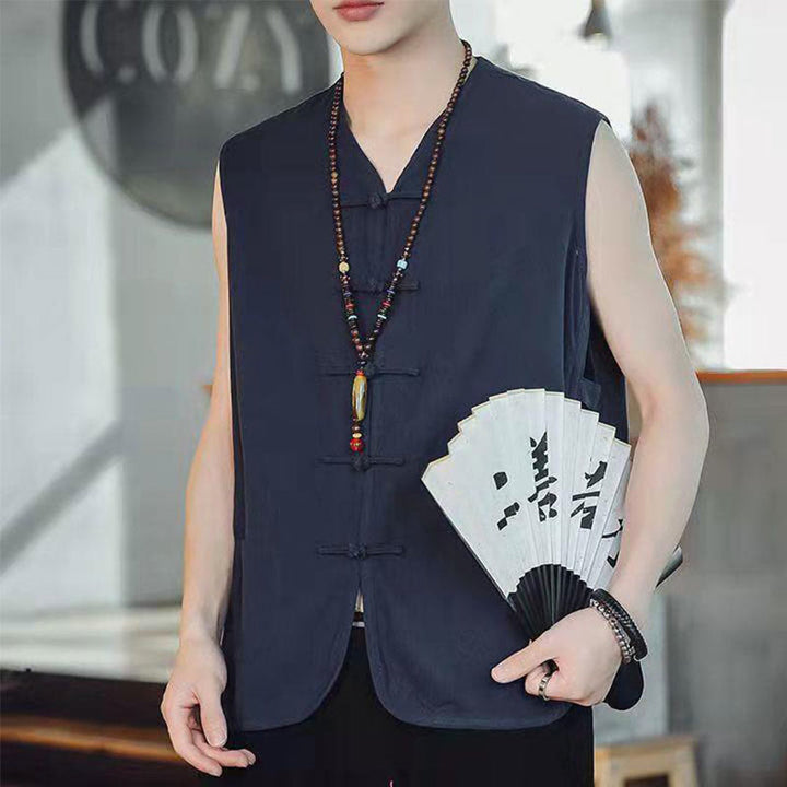 Gilet décontracté en coton avec poches et boutons de grenouille chinois pour homme, motif Buddha Stones