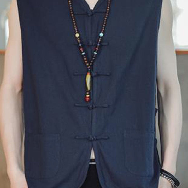 Gilet décontracté en coton avec poches et boutons de grenouille chinois pour homme, motif Buddha Stones
