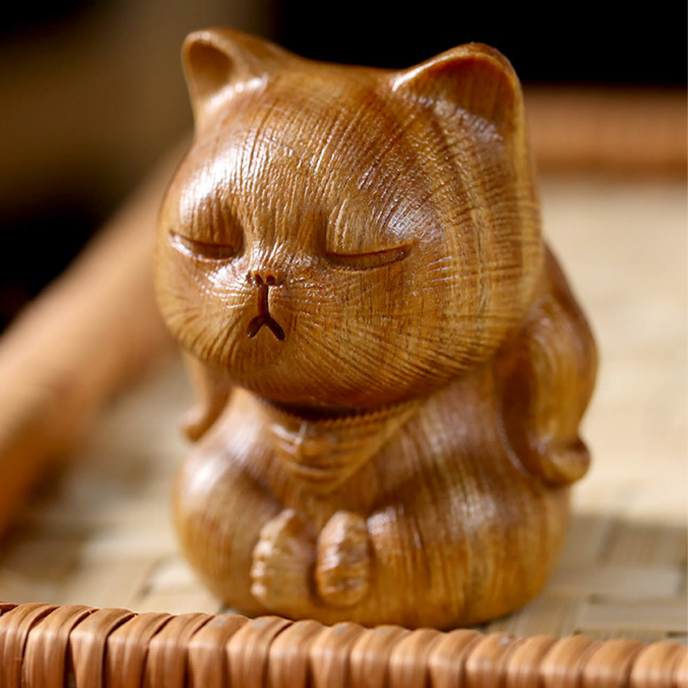 Buddha Stones, petites figurines de chat porte-bonheur en bois de santal vert sculptées, décorations apaisantes - image 2