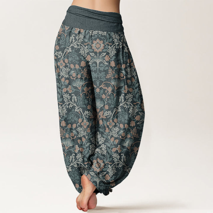 Pantalon Buddha Stones décontracté en pur coton avec motif de fleurs et de feuilles de vigne pour femme, taille élastique