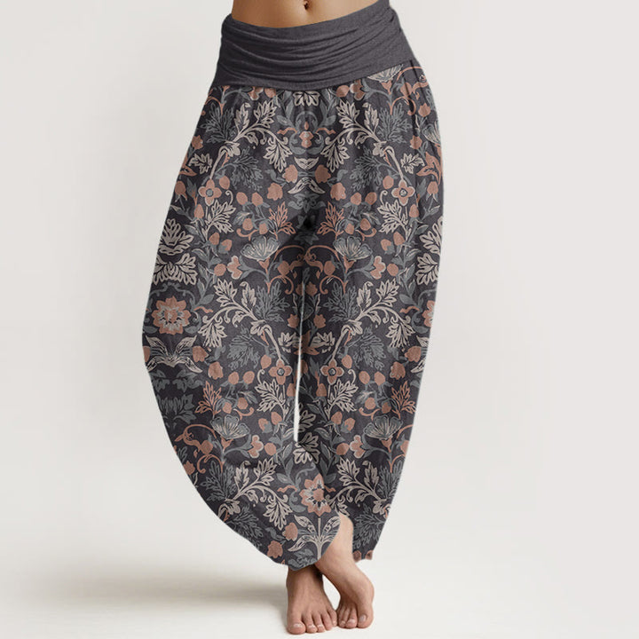 Pantalon Buddha Stones décontracté en pur coton avec motif de fleurs et de feuilles de vigne pour femme, taille élastique