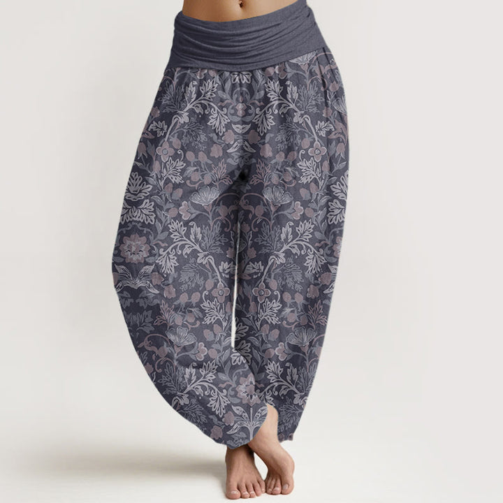 Pantalon Buddha Stones décontracté en pur coton avec motif de fleurs et de feuilles de vigne pour femme, taille élastique