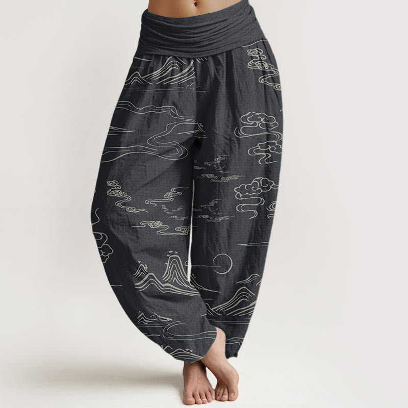 Pantalon sarouel à taille élastique pour femme, motif Buddha Stones, pur coton, montagne, lune, nuages ​​de bon augure - Gris ardoise clair - US22，UK/AU26，EU54 (6XL) - image 0