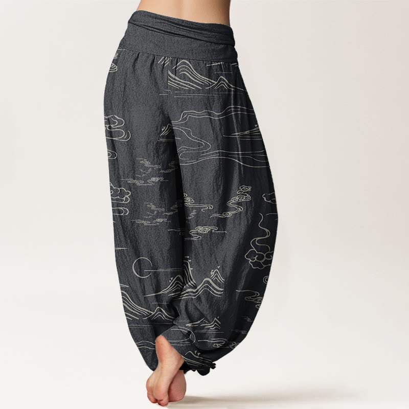 Pantalon sarouel à taille élastique pour femme, motif Buddha Stones, pur coton, montagne, lune, nuages ​​de bon augure - image 1