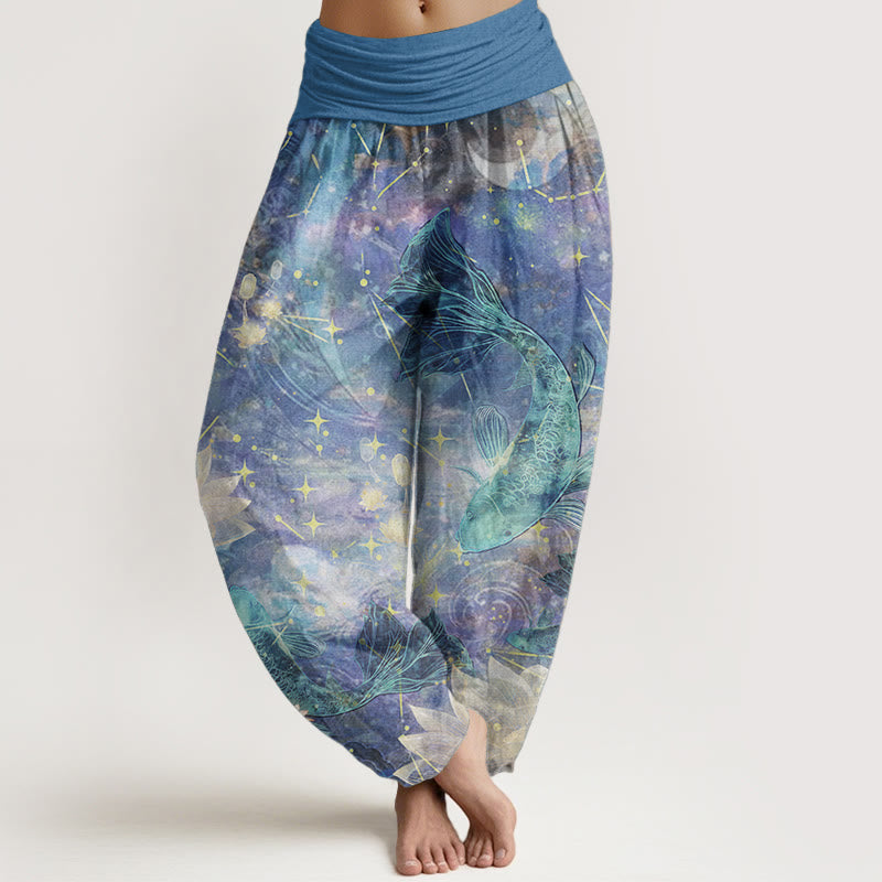 Pantalon sarouel taille élastique pour femme, motif Buddha Stones, pur coton, poisson koï, lotus, lune, étoiles - Bleu ciel clair - US22，UK/AU26，EU54 (6XL) - image 0