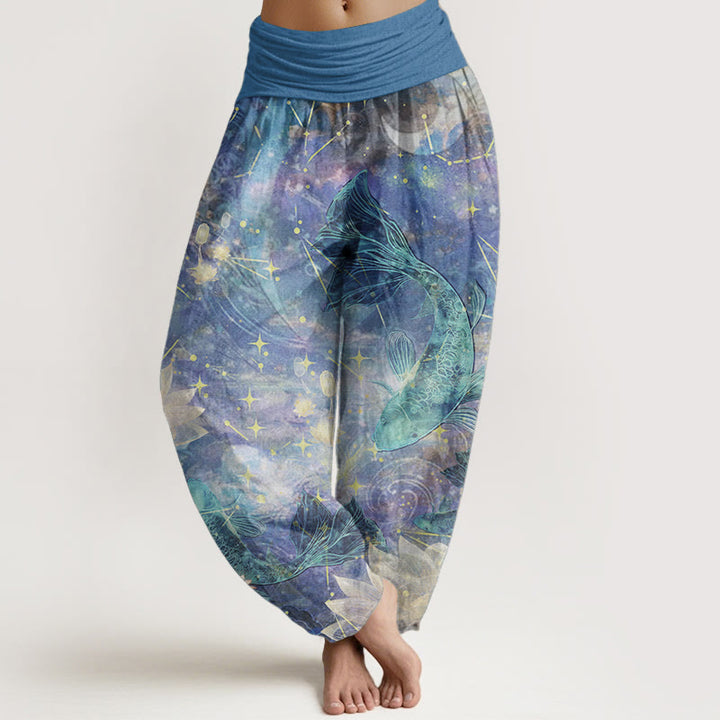 Pantalon sarouel taille élastique pour femme, motif Buddha Stones, pur coton, poisson koï, lotus, lune, étoiles - Bleu ciel clair - US22，UK/AU26，EU54 (6XL) - image 0