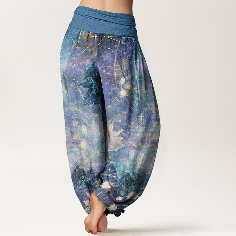 Pantalon sarouel taille élastique pour femme, motif Buddha Stones, pur coton, poisson koï, lotus, lune, étoiles - image 1