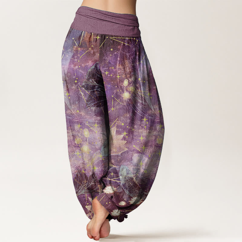 Pantalon sarouel taille élastique pour femme, motif Buddha Stones, pur coton, poisson koï, lotus, lune, étoiles