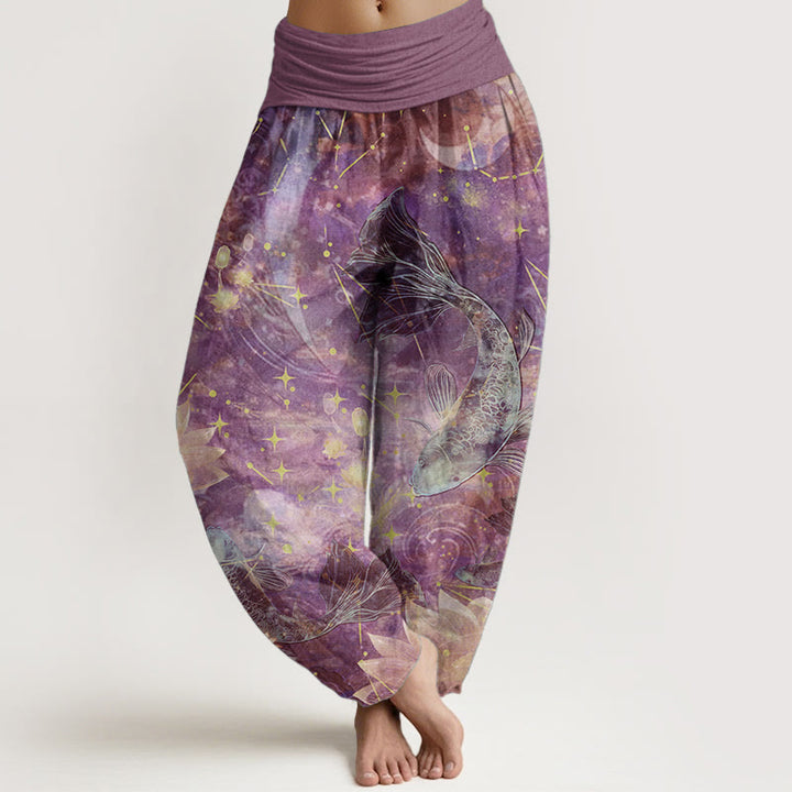 Pantalon sarouel taille élastique pour femme, motif Buddha Stones, pur coton, poisson koï, lotus, lune, étoiles