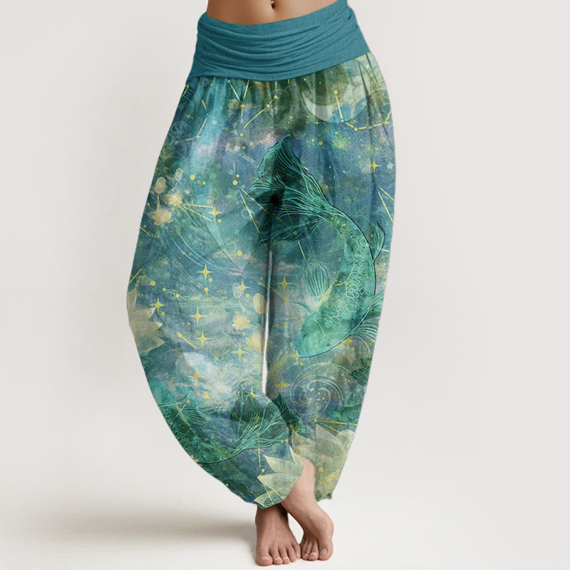 Pantalon sarouel taille élastique pour femme, motif Buddha Stones, pur coton, poisson koï, lotus, lune, étoiles - Turquoise moyen - US22，UK/AU26，EU54 (6XL) - image 8