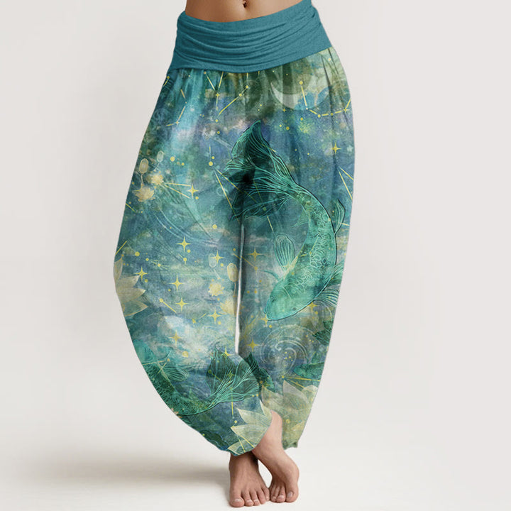 Pantalon sarouel taille élastique pour femme, motif Buddha Stones, pur coton, poisson koï, lotus, lune, étoiles - Turquoise moyen - US22，UK/AU26，EU54 (6XL) - image 8