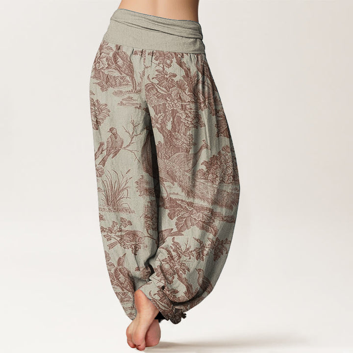 Pantalon sarouel en pur coton avec motif de Buddha Stones, oiseaux, arbres et branches pour femme, taille élastique