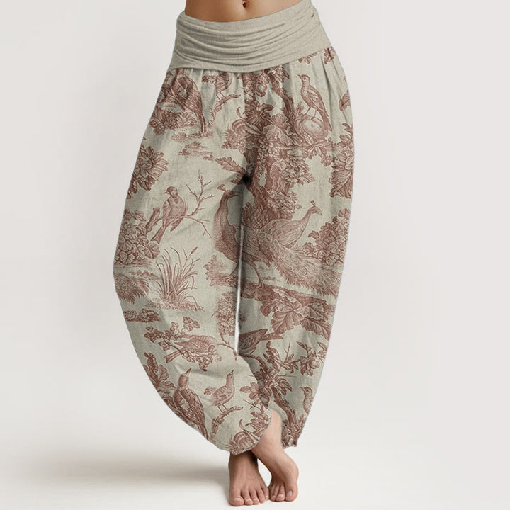 Pantalon sarouel en pur coton avec motif de Buddha Stones, oiseaux, arbres et branches pour femme, taille élastique