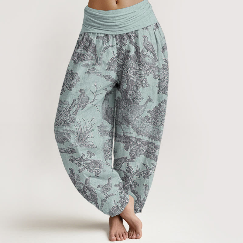 Pantalon sarouel en pur coton avec motif de Buddha Stones, oiseaux, arbres et branches pour femme, taille élastique - Bleu clair - US22，UK/AU26，EU54 (6XL) - image 5