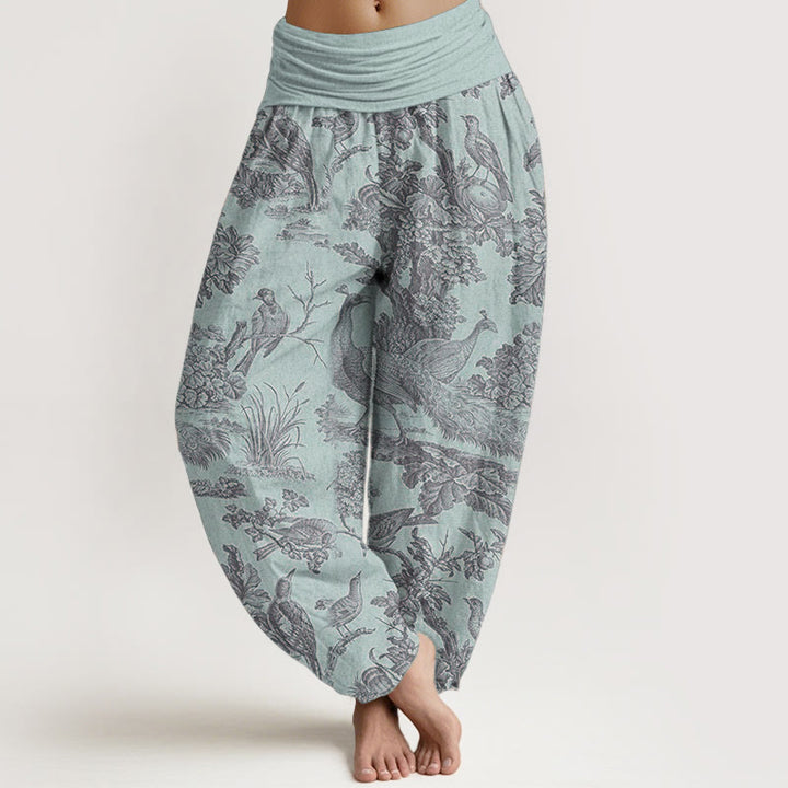 Pantalon sarouel en pur coton avec motif de Buddha Stones, oiseaux, arbres et branches pour femme, taille élastique