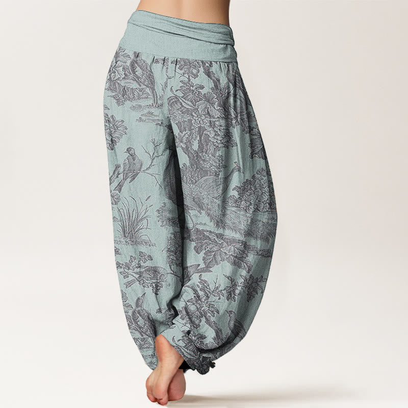 Pantalon sarouel en pur coton avec motif de Buddha Stones, oiseaux, arbres et branches pour femme, taille élastique