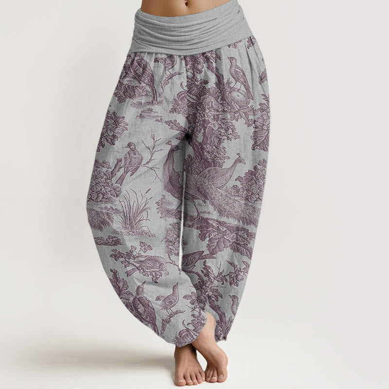 Pantalon sarouel en pur coton avec motif de Buddha Stones, oiseaux, arbres et branches pour femme, taille élastique