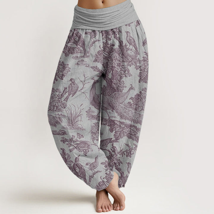 Pantalon sarouel en pur coton avec motif de Buddha Stones, oiseaux, arbres et branches pour femme, taille élastique