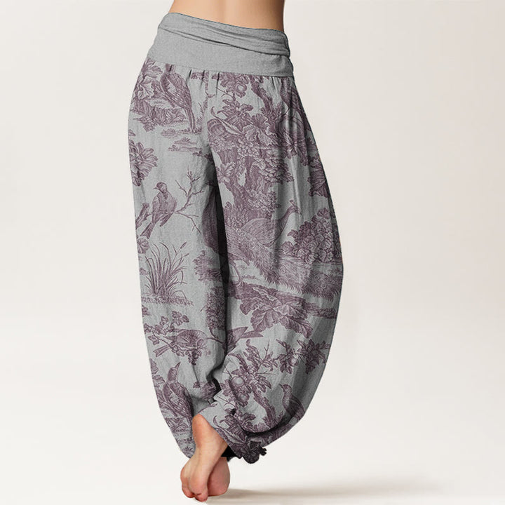 Pantalon sarouel en pur coton avec motif de Buddha Stones, oiseaux, arbres et branches pour femme, taille élastique