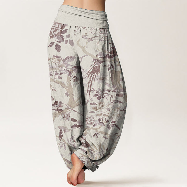 Pantalon Buddha Stones taille élastique pour femme, en pur coton, motif oiseaux, branches et fleurs