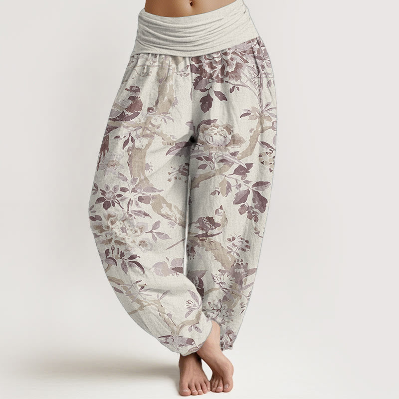 Pantalon Buddha Stones taille élastique pour femme, en pur coton, motif oiseaux, branches et fleurs