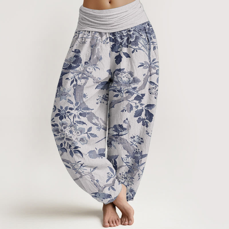 Pantalon Buddha Stones taille élastique pour femme, en pur coton, motif oiseaux, branches et fleurs