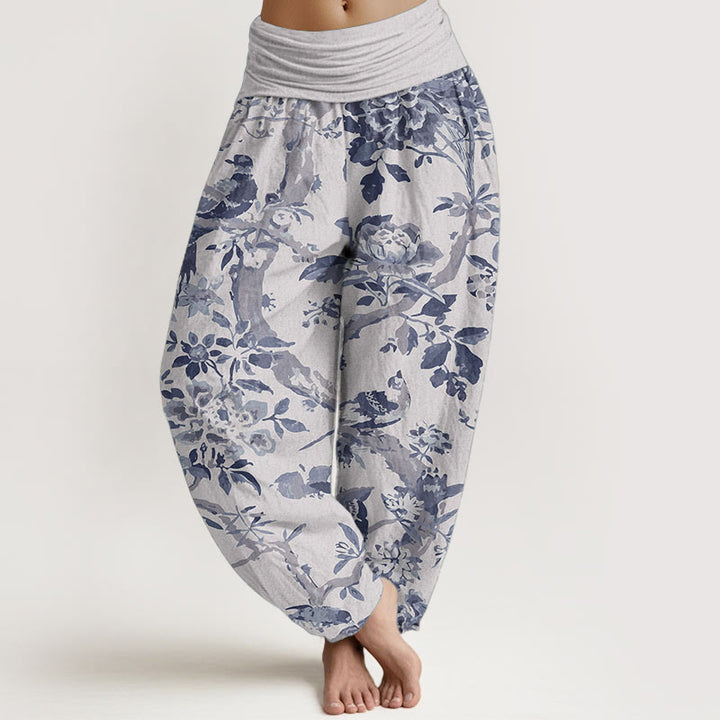 Pantalon Buddha Stones taille élastique pour femme, en pur coton, motif oiseaux, branches et fleurs