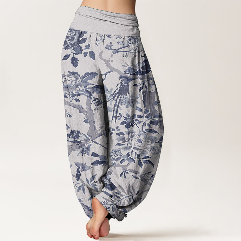 Pantalon Buddha Stones taille élastique pour femme, en pur coton, motif oiseaux, branches et fleurs