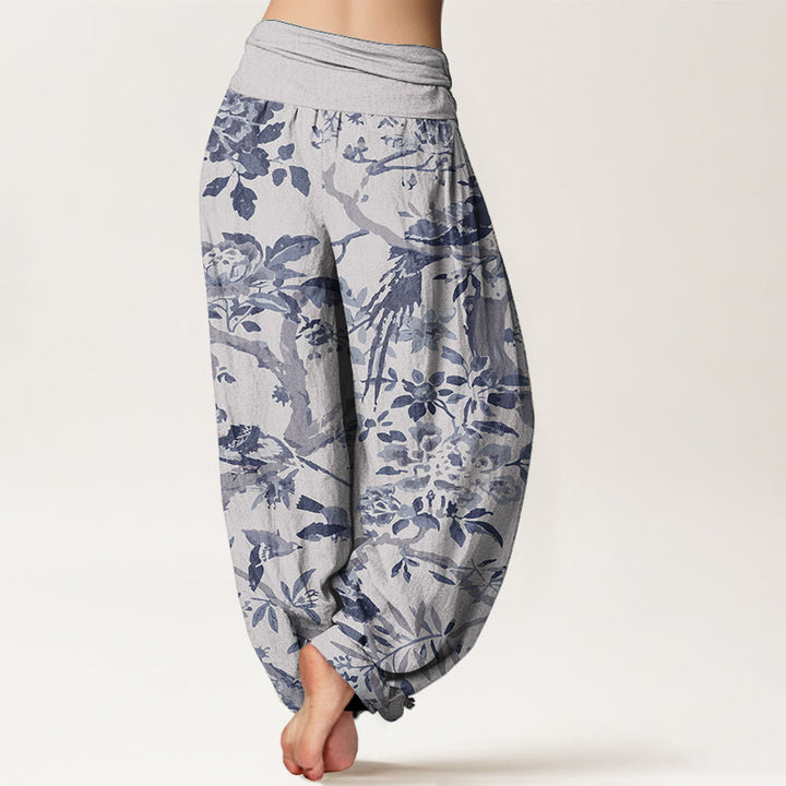 Pantalon Buddha Stones taille élastique pour femme, en pur coton, motif oiseaux, branches et fleurs