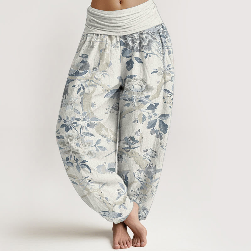 Pantalon Buddha Stones taille élastique pour femme, en pur coton, motif oiseaux, branches et fleurs - soie de maïs - US22，UK/AU26，EU54 (6XL) - image 0