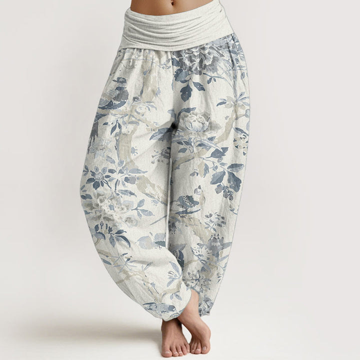 Pantalon Buddha Stones taille élastique pour femme, en pur coton, motif oiseaux, branches et fleurs - soie de maïs - US22，UK/AU26，EU54 (6XL) - image 0