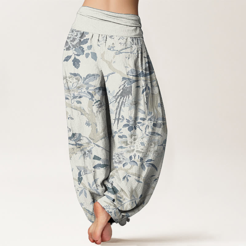 Pantalon Buddha Stones taille élastique pour femme, en pur coton, motif oiseaux, branches et fleurs - image 1