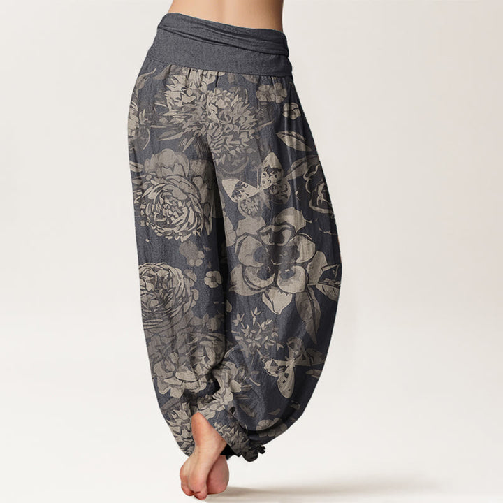 Pantalon Buddha Stones décontracté en pur coton avec motif de fleurs de pivoine et de feuilles pour femme, taille élastique