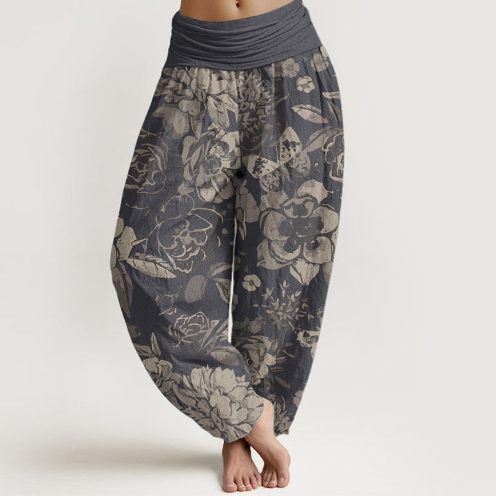Pantalon Buddha Stones décontracté en pur coton avec motif de fleurs de pivoine et de feuilles pour femme, taille élastique
