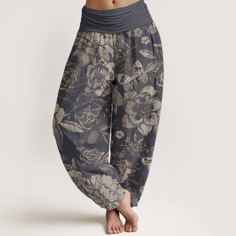Pantalon Buddha Stones décontracté en pur coton avec motif de fleurs de pivoine et de feuilles pour femme, taille élastique - Gris foncé - US22，UK/AU26，EU54 (6XL) - image 0