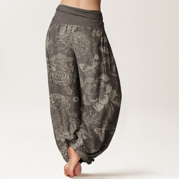 Pantalon Buddha Stones décontracté en pur coton avec motif de fleurs de pivoine et de feuilles pour femme, taille élastique