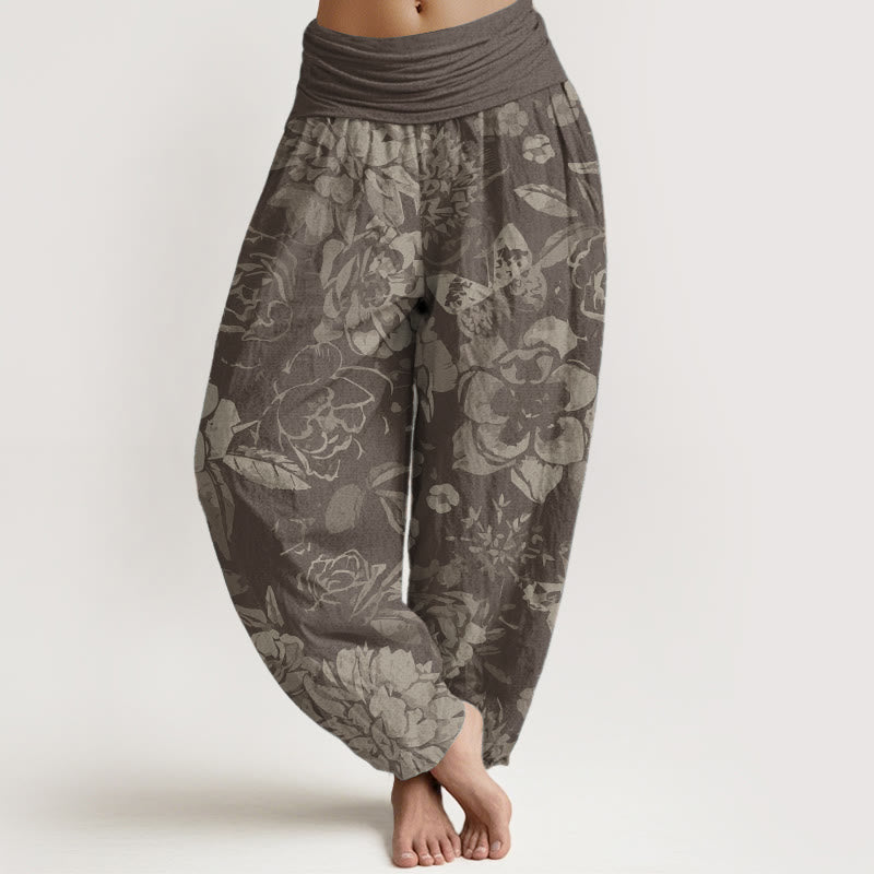 Pantalon Buddha Stones décontracté en pur coton avec motif de fleurs de pivoine et de feuilles pour femme, taille élastique