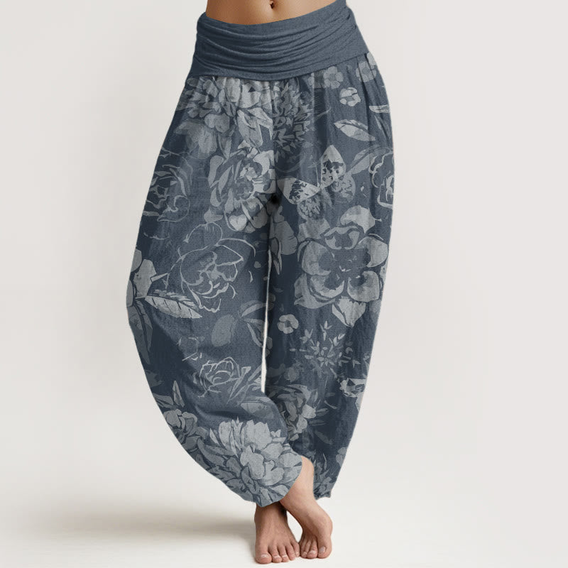 Pantalon Buddha Stones décontracté en pur coton avec motif de fleurs de pivoine et de feuilles pour femme, taille élastique