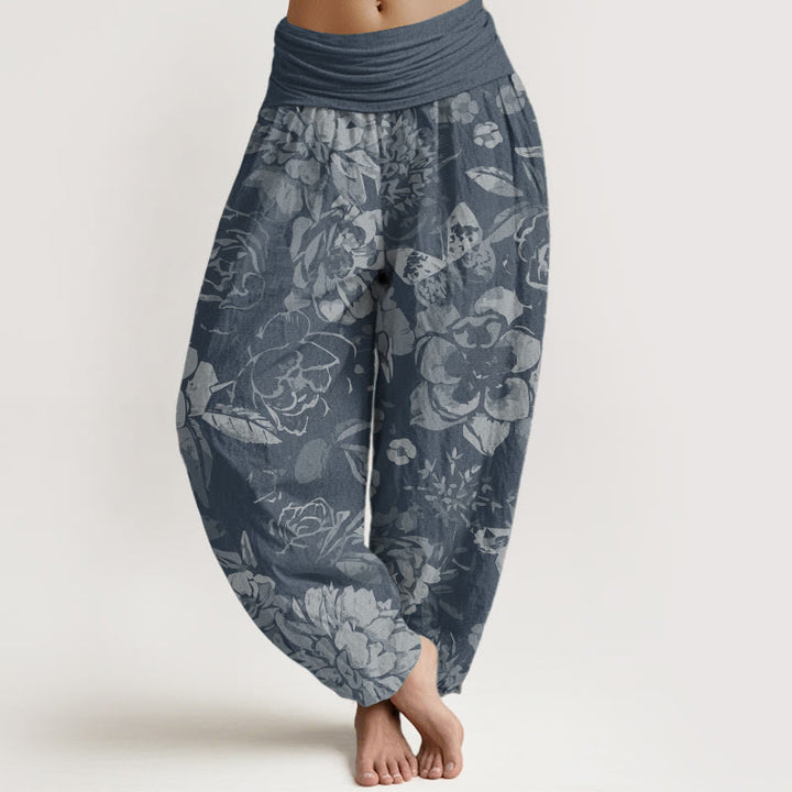 Pantalon Buddha Stones décontracté en pur coton avec motif de fleurs de pivoine et de feuilles pour femme, taille élastique