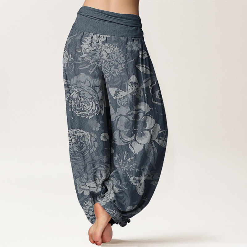 Pantalon Buddha Stones décontracté en pur coton avec motif de fleurs de pivoine et de feuilles pour femme, taille élastique