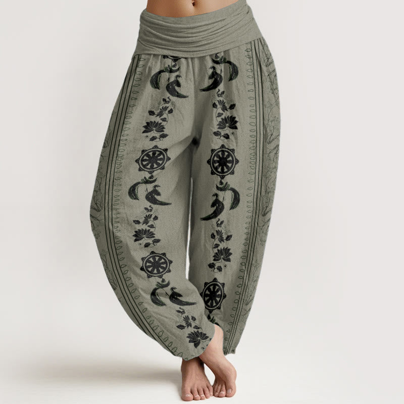 Pantalon sarouel à taille élastique pour femme, motif Buddha Stones, roue du Dharma, lotus OM, pur coton - Vert foncé - US22，UK/AU26，EU54 (6XL) - image 5