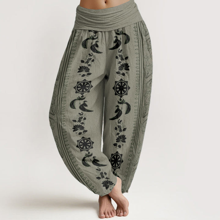 Pantalon sarouel à taille élastique pour femme, motif Buddha Stones, roue du Dharma, lotus OM, pur coton - Vert foncé - US22，UK/AU26，EU54 (6XL) - image 5