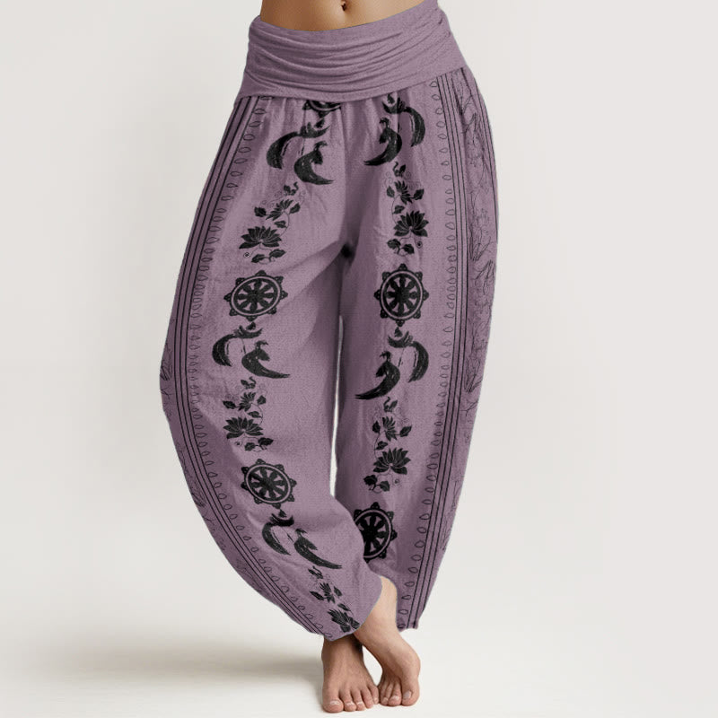 Pantalon sarouel à taille élastique pour femme, motif Buddha Stones, roue du Dharma, lotus OM, pur coton