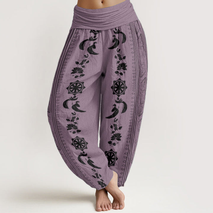Pantalon sarouel à taille élastique pour femme, motif Buddha Stones, roue du Dharma, lotus OM, pur coton
