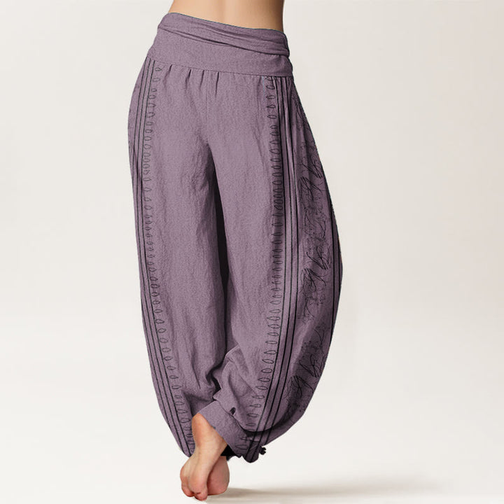 Pantalon sarouel à taille élastique pour femme, motif Buddha Stones, roue du Dharma, lotus OM, pur coton