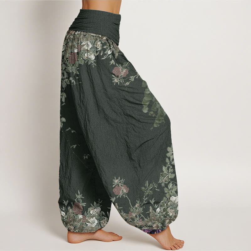 Pantalon Buddha Stones décontracté en pur coton avec motif de pivoine rouge et de vigne pour femme, taille élastique