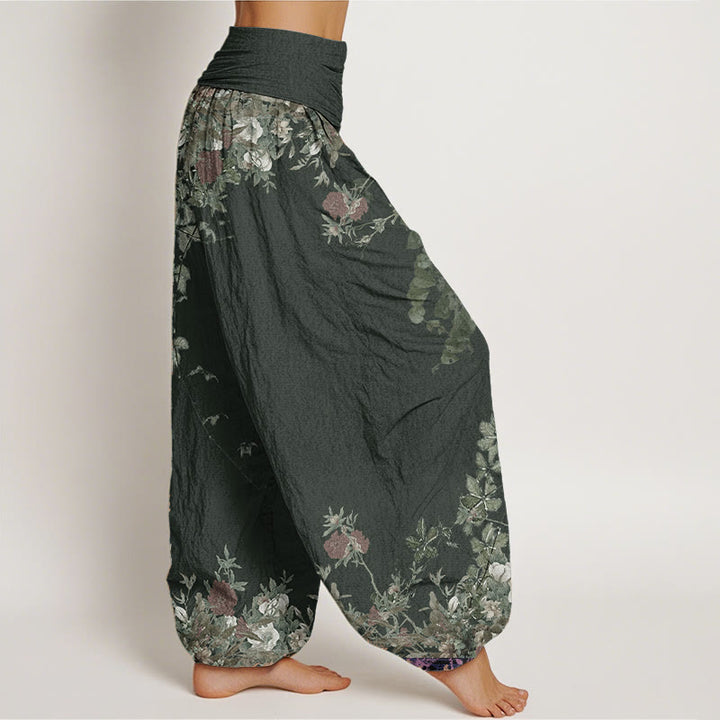 Pantalon Buddha Stones décontracté en pur coton avec motif de pivoine rouge et de vigne pour femme, taille élastique