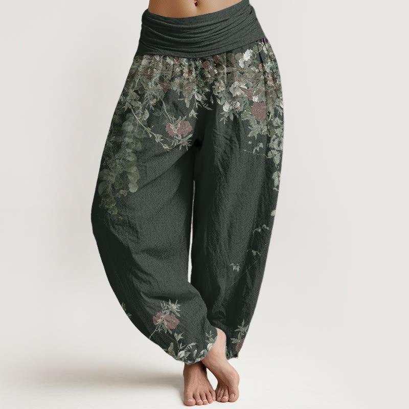 Pantalon Buddha Stones décontracté en pur coton avec motif de pivoine rouge et de vigne pour femme, taille élastique
